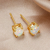 Vintage Fire Opal Stud Earrings For Women 14K Yellow Gold Wedding Jewelry