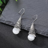 Vintage Hanging Pearl Drop Earrings For Women Retro Silver Jewelry