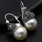 Vintage Hanging Pearl Drop Earrings For Women Retro Silver Jewelry