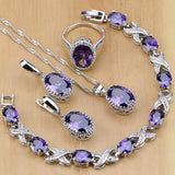 Purple Amethyst Jewelry Set with 925 silver pendant, necklace, ring, bracelet, and earrings for women, featuring round semi-precious stones.