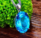 Blue Aquamarine Pendant Necklace 925 Silver Link Chain For Women