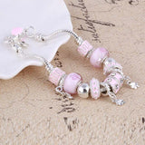 Charm Pink Zircon silver charm bangle bracelet for women with lobster clasp and plant pattern beads