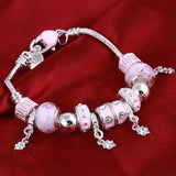 Charm pink zircon silver charm bangle bracelet for women anniversary gift with lobster claw clasp and plant-shaped charms