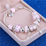 Charm pink zircon charm bracelet for women with silver link chain and lobster clasp in gift box