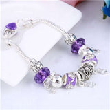 Silver charm bracelet with purple zircon beads and plant-shaped details for women anniversary gift