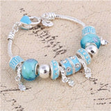 Charm pink zircon silver charm bangle bracelet for women with lobster claw clasp and plant pattern beads