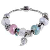 Silver charm bracelet with pink zircon beads and leaf pendant for women anniversary gift