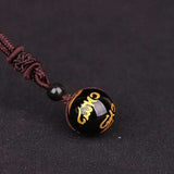 Vintage Black Obsidian Pendant Necklace RhinStone Women Jewelry