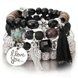 Vintage wristband beaded bracelet for women with silver charms, black tassel, and "I love you" pendant, bohemian style anniversary jewelry