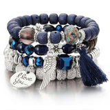 Vintage wristband beaded bracelet for women with silver charms, blue beads, rope chain, and tassel detail.
