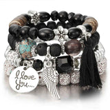 Vintage wristband beaded bracelet for women with silver charms and tassel, bohemian style anniversary jewelry