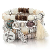 Vintage wristband beaded bracelet for women featuring silver charm, acrylic beads, tassel, and easy-hook clasp in bohemia style
