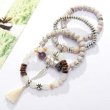 Vintage wristband beaded bracelet set for women with silver charms and bohemian style accents