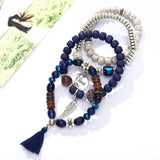 Vintage wristband beaded bracelet for women with silver charm and blue round acrylic beads in bohemian style anniversary jewelry