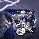 Vintage wristband beaded bracelet for women with silver charms, blue beads, tassel, and "I love you" pendant anniversary jewelry