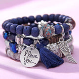 Vintage wristband beaded bracelet for women with silver charms, tassel, and "I love you" pendant in bohemia style