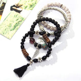 Vintage wristband beaded bracelet set for women with silver charm, acrylic beads, bohemia style, and easy-hook clasp