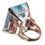Rose gold ring with large aquamarine stone and zircon geometric design for women engagement jewelry