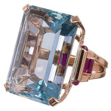 Rose gold ring with large aquamarine stone and geometric zircon accents for women engagement jewelry