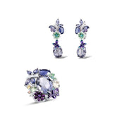 Luxury flower amethyst jewelry set with sterling silver ring and earrings featuring purple enamel and floral design for women.