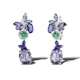 Luxury flower amethyst sterling silver earrings with purple and green enamel floral design for women