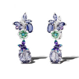 Luxury flower amethyst silver earrings with purple and green enamel floral design for women party jewelry set