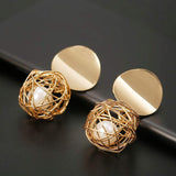 Vintage white pearl stud earrings with 14k yellow gold plated wire cage design for women party and wedding jewelry