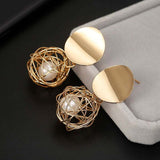 Vintage white pearl stud earrings with 14k yellow gold plated round design for women party and wedding jewelry