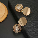 Vintage white pearl stud earrings with 14k yellow gold plated round design for women party and wedding jewelry