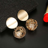 Vintage white pearl stud earrings with 14k gold plated wire cage design for women party and wedding jewelry