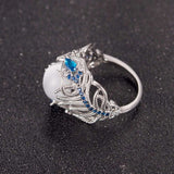 Vintage opal cat eye ring with hollow silver feather design and blue stone accents for women wedding fashion jewelry
