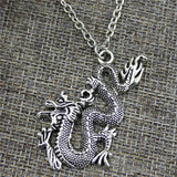 Vintage black dragon pendant necklace with silver-plated metal link chain for women