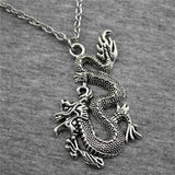 Vintage black dragon pendant necklace with silver-plated metal link chain for women