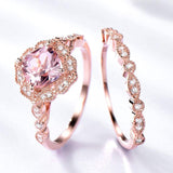 10K rose gold morganite engagement ring set with prong setting and diamond wedding band