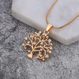 Rose gold Tree of Life pendant necklace for women with snake chain and crystal accents