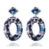 Trendy geometric drop earrings for women with silver and acrylic multicolor pattern luxury design