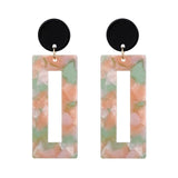 Trendy geometric drop earrings with black circular tops and rectangular multicolor acrylic drops for women luxury silver style