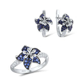 Luxury gem flower jewelry set with blue and white zircon stones in 925 sterling silver ring and earrings