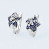 Luxury gem flower design silver earrings with blue and white zircon stones, 925 sterling silver, rhodium plated, women's jewelry set