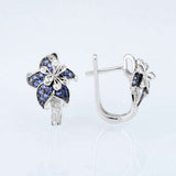 Luxury gem flower earrings in 925 sterling silver with blue and white zircon stones, floral design, rhodium plated for women