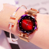 Rose gold Princess Starry Sky Magnet Watch for women with red faceted dial and mesh strap