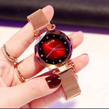 Rose gold Princess Starry Sky magnet watch for women with stainless steel mesh band and round red gradient crystal dial