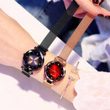 Princess Starry Sky Magnet Watch in rose gold and black stainless steel with round dial and mesh band on female wrists