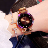 Princess Starry Sky Magnet Watch rose gold wristwatch for women with quartz movement and stainless steel band