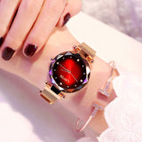 Rose gold Princess Starry Sky Magnet Watch for women with red faceted dial and stainless steel mesh band
