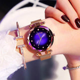 Rose gold Princess Starry Sky Magnet Watch with blue starry dial and matching bracelet on woman's wrist