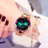 Rose gold Princess Starry Sky Magnet Watch with green faceted dial and matching bracelet on woman's wrist
