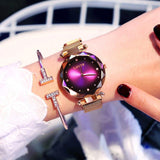 Rose gold Princess Starry Sky Magnet Watch with purple starry dial and matching bracelet on wrist