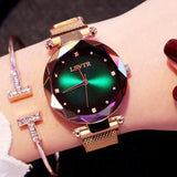 Princess Starry Sky Magnet Watch rose gold wristwatch with green starry dial and stainless steel mesh band for women