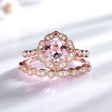 Morganite engagement ring set in 10K rose gold with prong setting and rectangular stone shape
